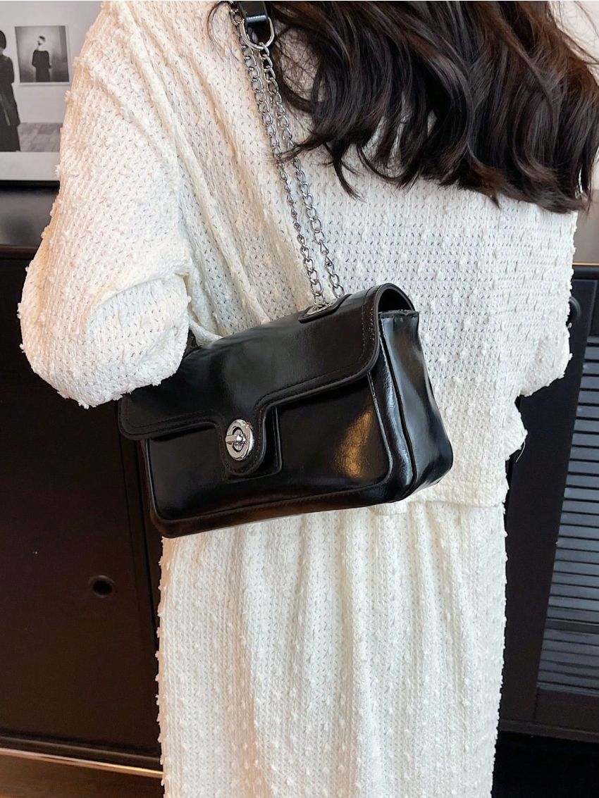 Elegant Square Bag Solid Color Flap PU