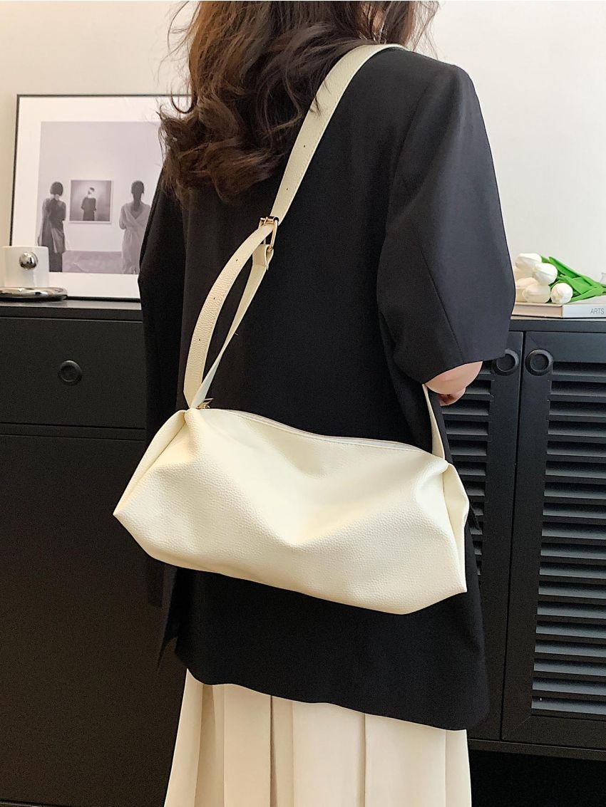 Litchi Embossed Hobo Bag Beige Fashionable Adjustable Strap