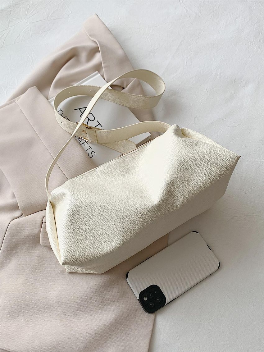 Litchi Embossed Hobo Bag Beige Fashionable Adjustable Strap