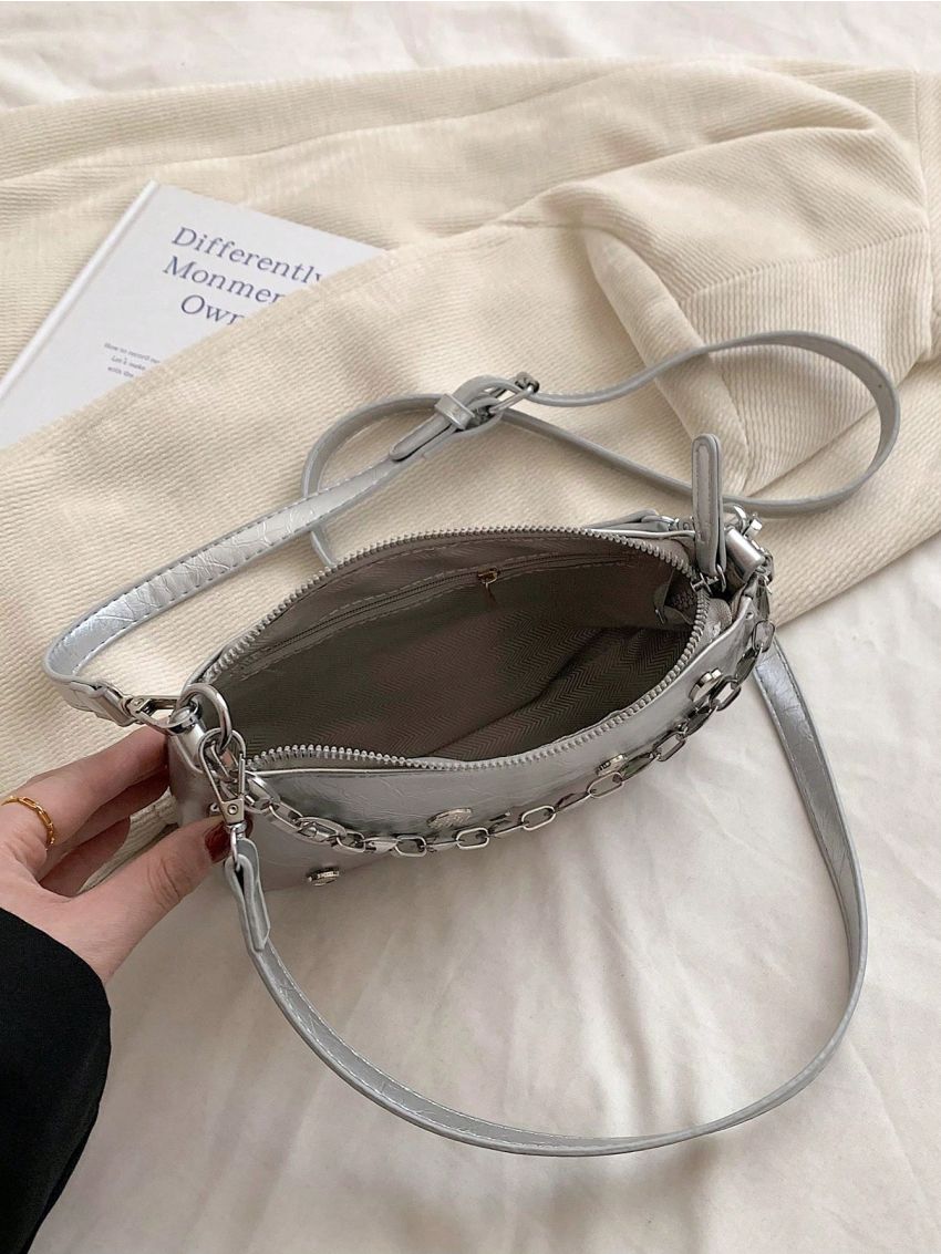 Metallic Baguette Bag Metal Decor Small Funky