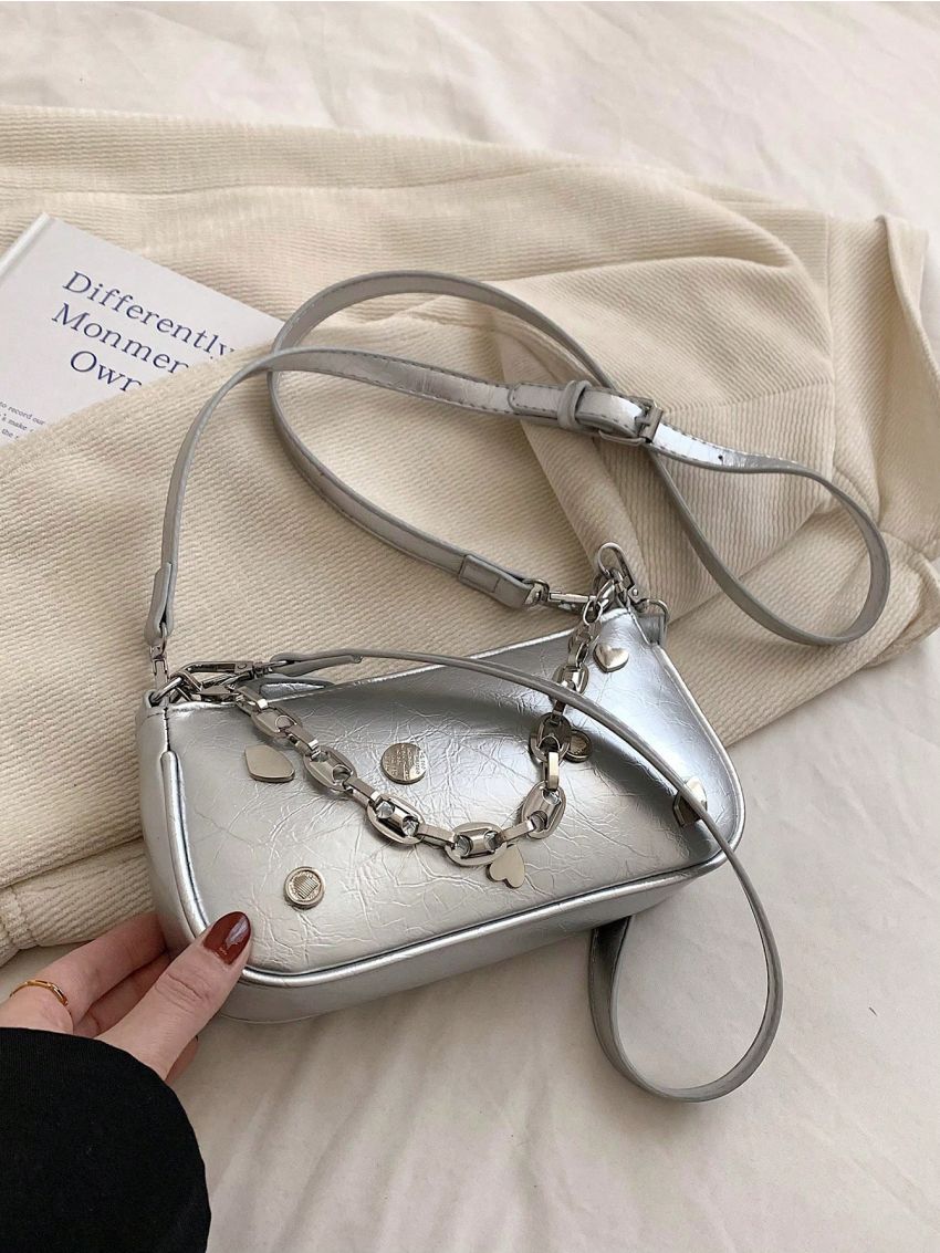 Metallic Baguette Bag Metal Decor Small Funky