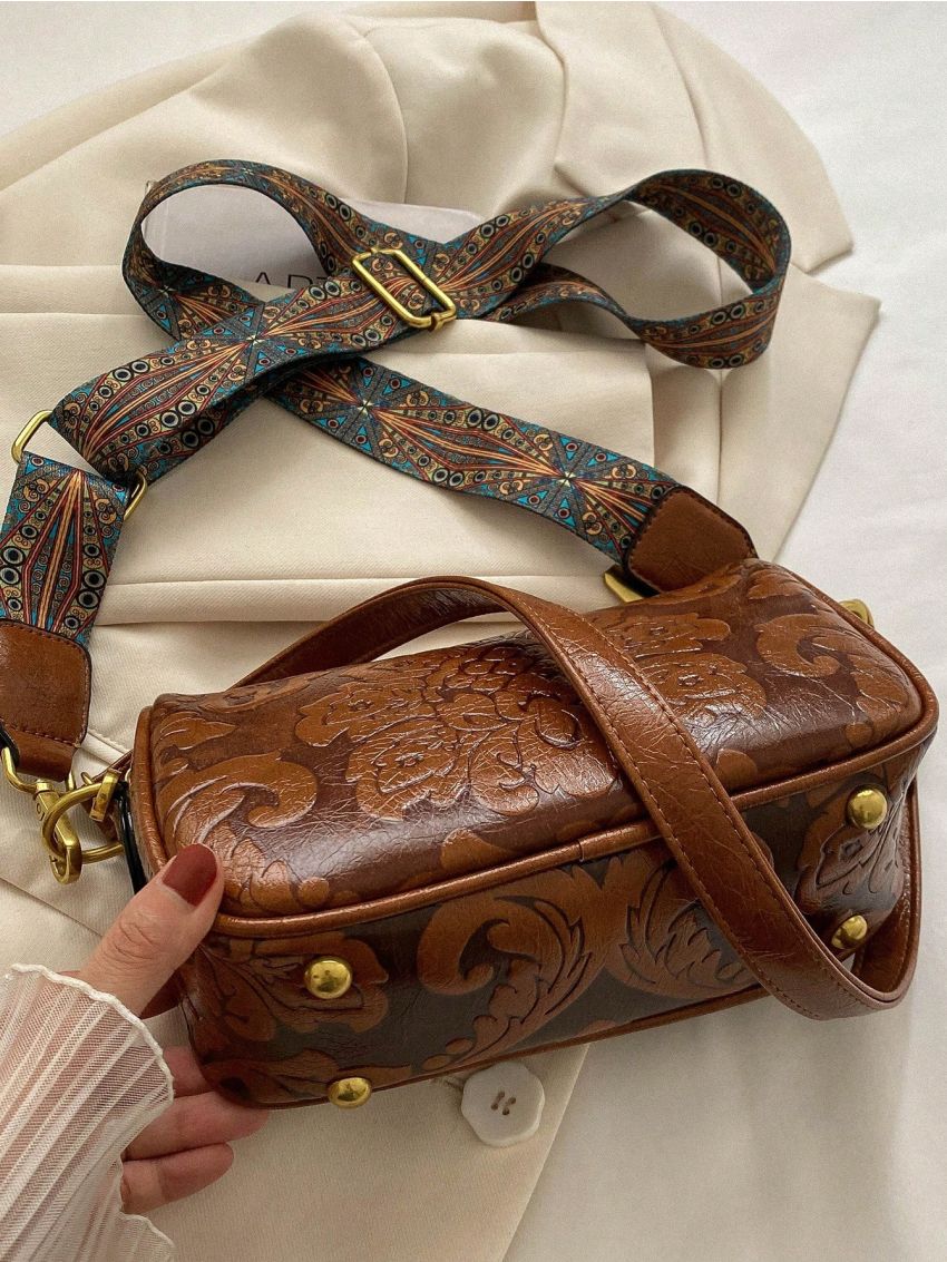 Solid Color Floral Print Fashion Square Bag For Daily Use