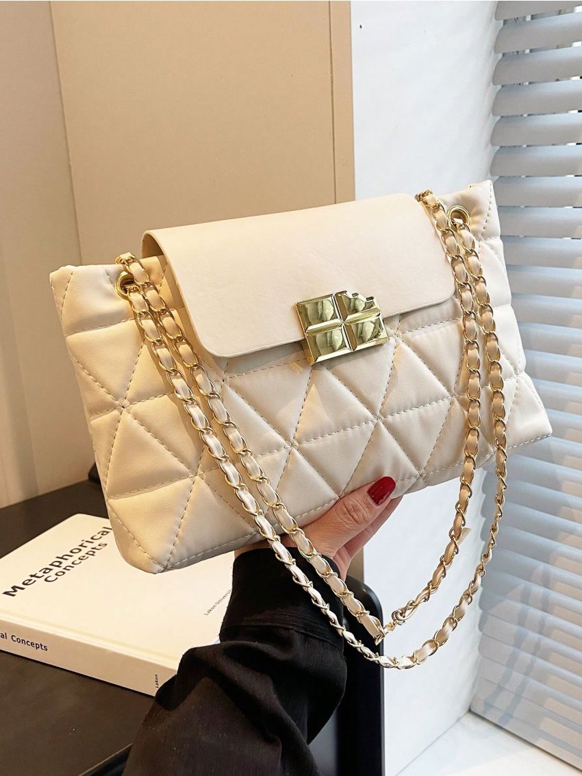 Solid Color Geometric Pattern Flap Metal Chain Square Bag For Work or Commute