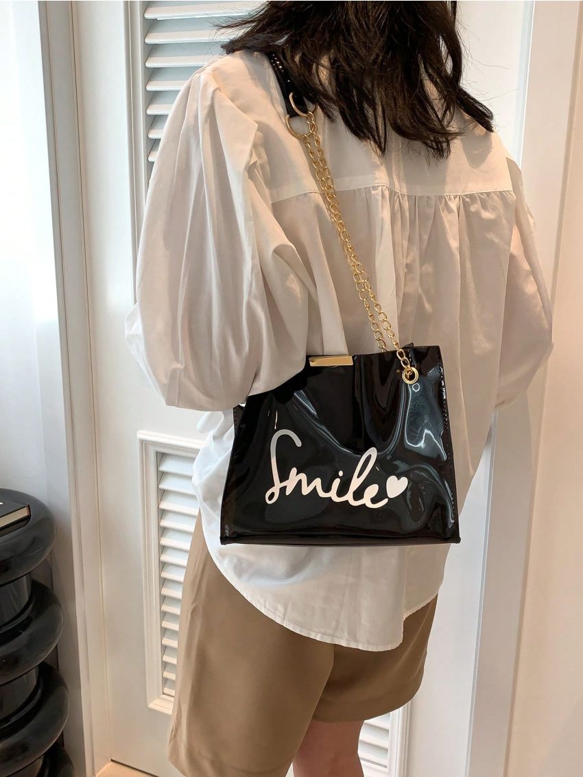 Alphabet Printed Square Bag Metal Chain Strap