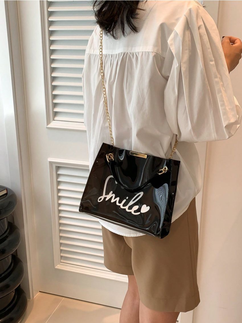 Alphabet Printed Square Bag Metal Chain Strap