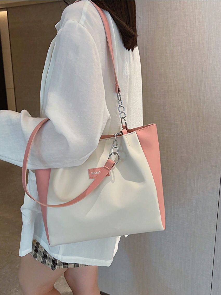 Small Shoulder Tote Bag Two Tone Letter Patch Decor