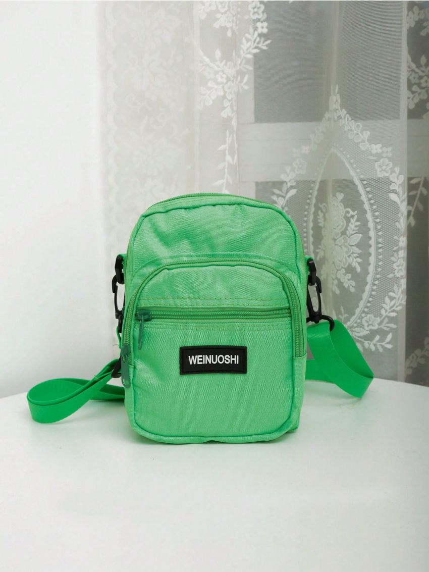 Mini Square Bag Letter Patch Decor Zip Front Nylon