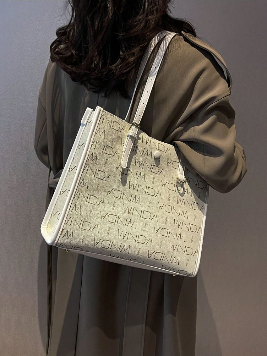 Small Shoulder Tote Bag Letter Graphic Button Decor