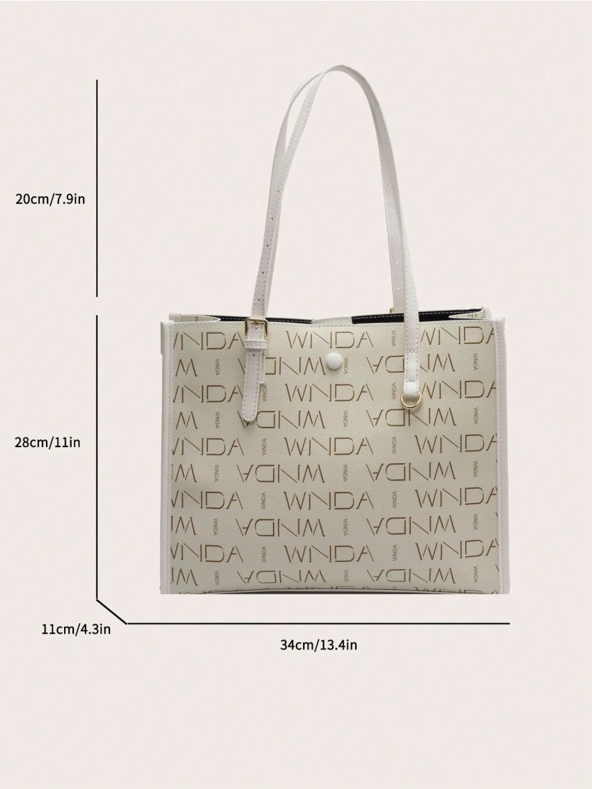 Small Shoulder Tote Bag Letter Graphic Button Decor