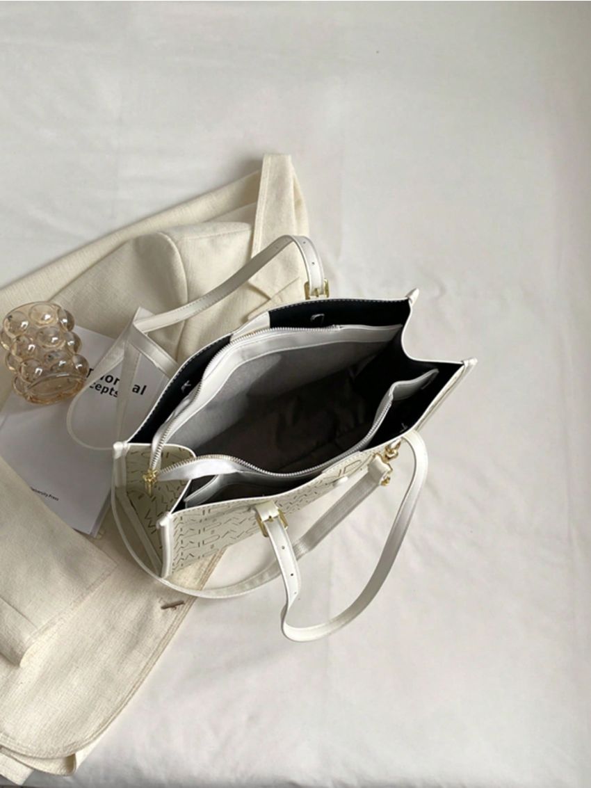 Small Shoulder Tote Bag Letter Graphic Button Decor