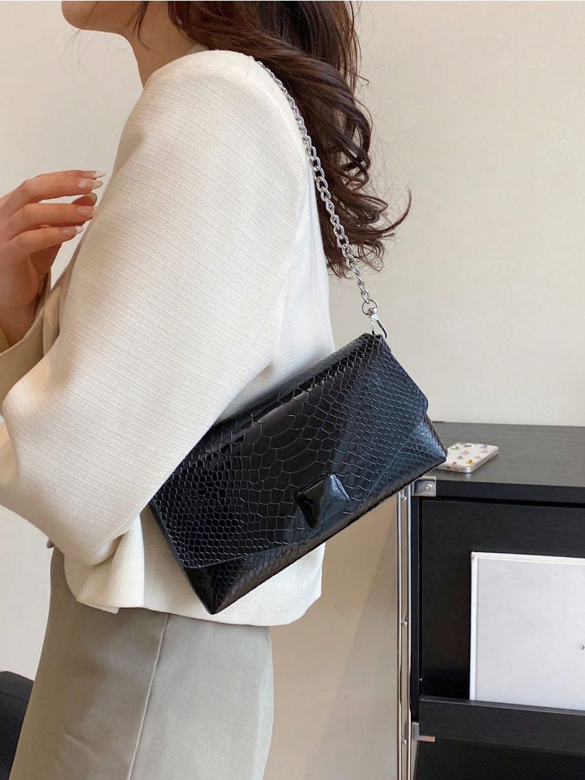 Small Flap Square Bag Crocodile Embossed Minimalist Black