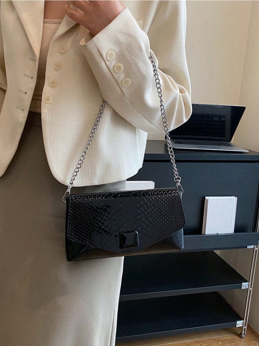 Small Flap Square Bag Crocodile Embossed Minimalist Black