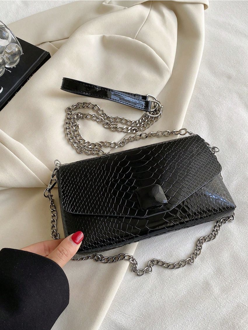 Small Flap Square Bag Crocodile Embossed Minimalist Black