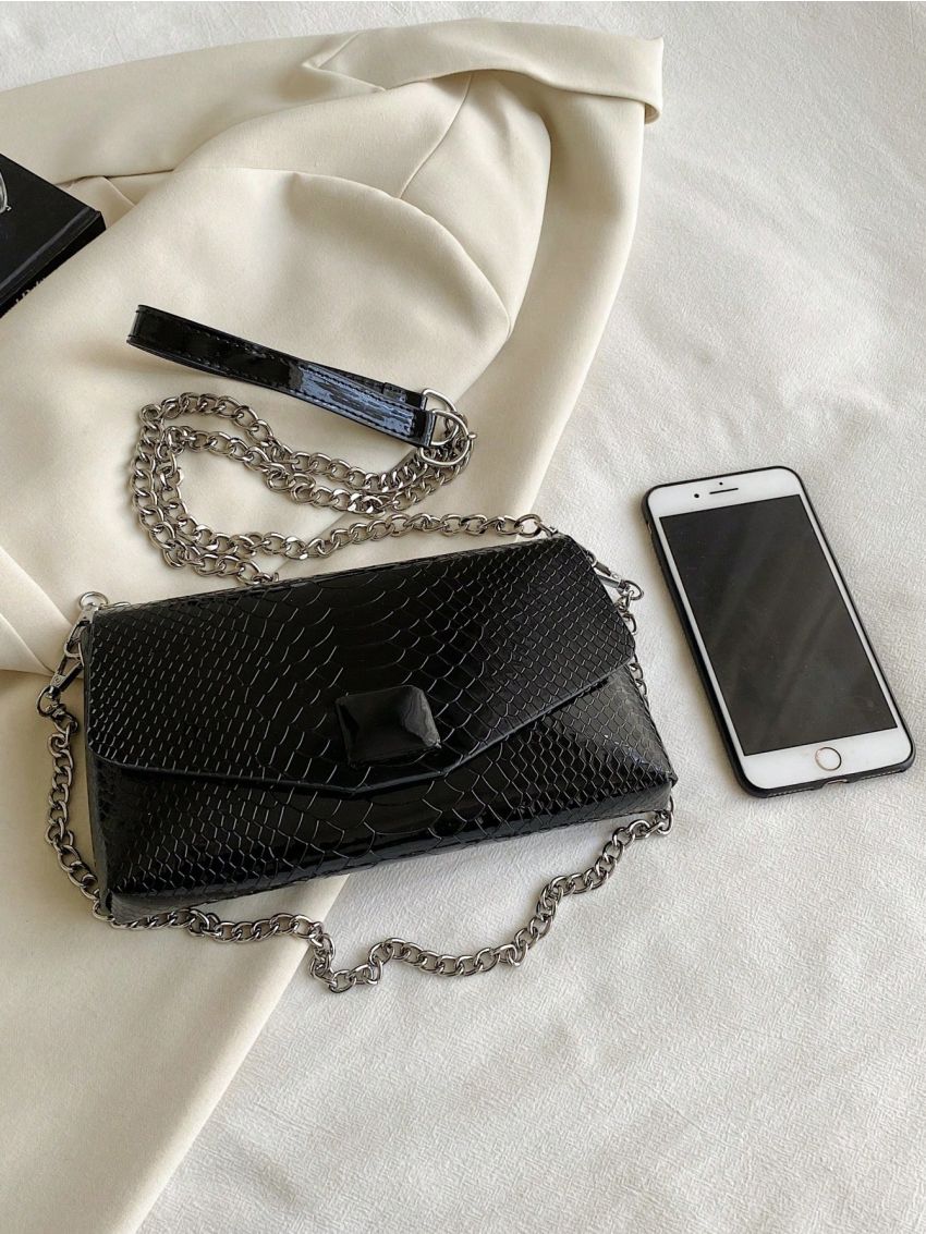 Small Flap Square Bag Crocodile Embossed Minimalist Black