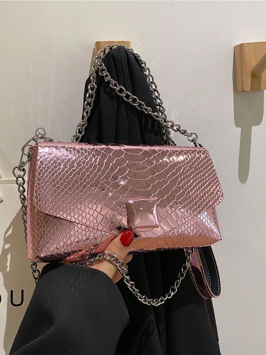 Small Flap Square Bag Crocodile Embossed Metallic Funky