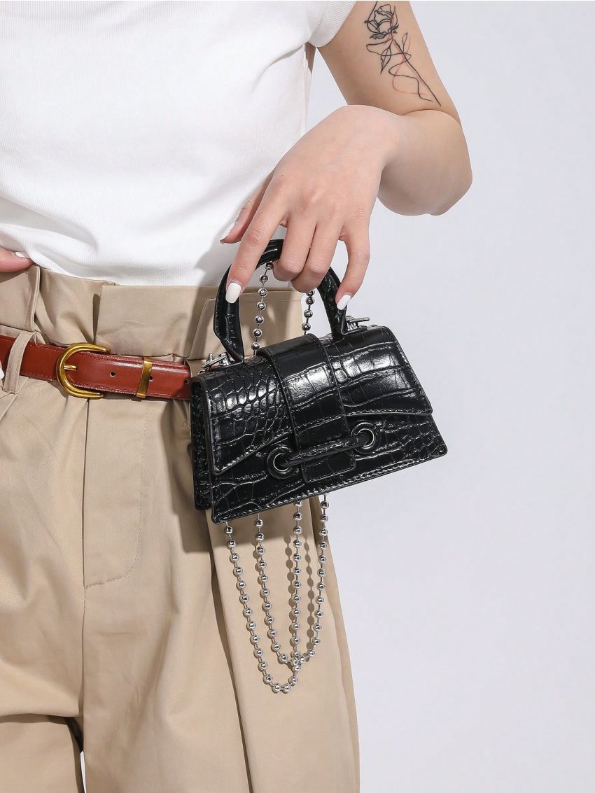 Mini Crocodile Embossed Chain Strap Square Bag Black Elegant