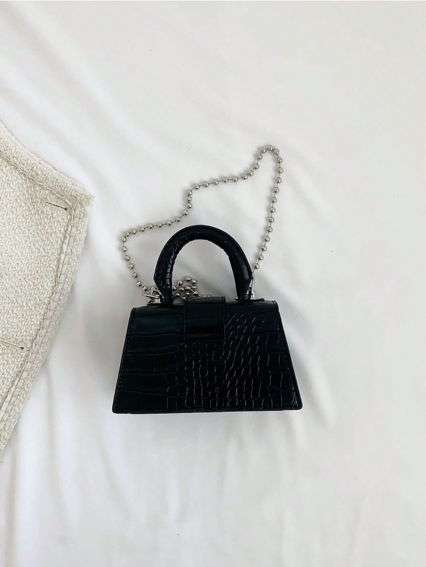 Mini Crocodile Embossed Chain Strap Square Bag Black Elegant