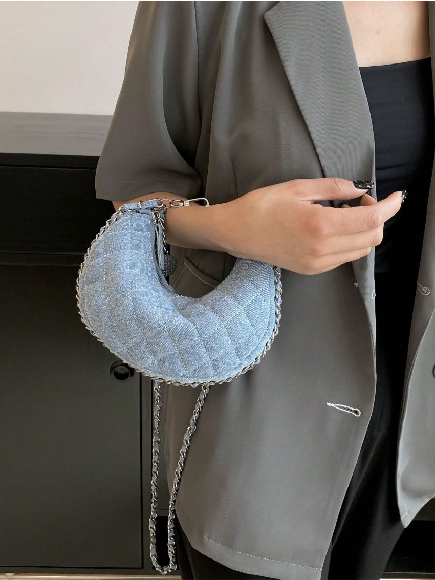 Mini Quilted Hobo Bag Denim Metal Decor Chain Strap Fashionable