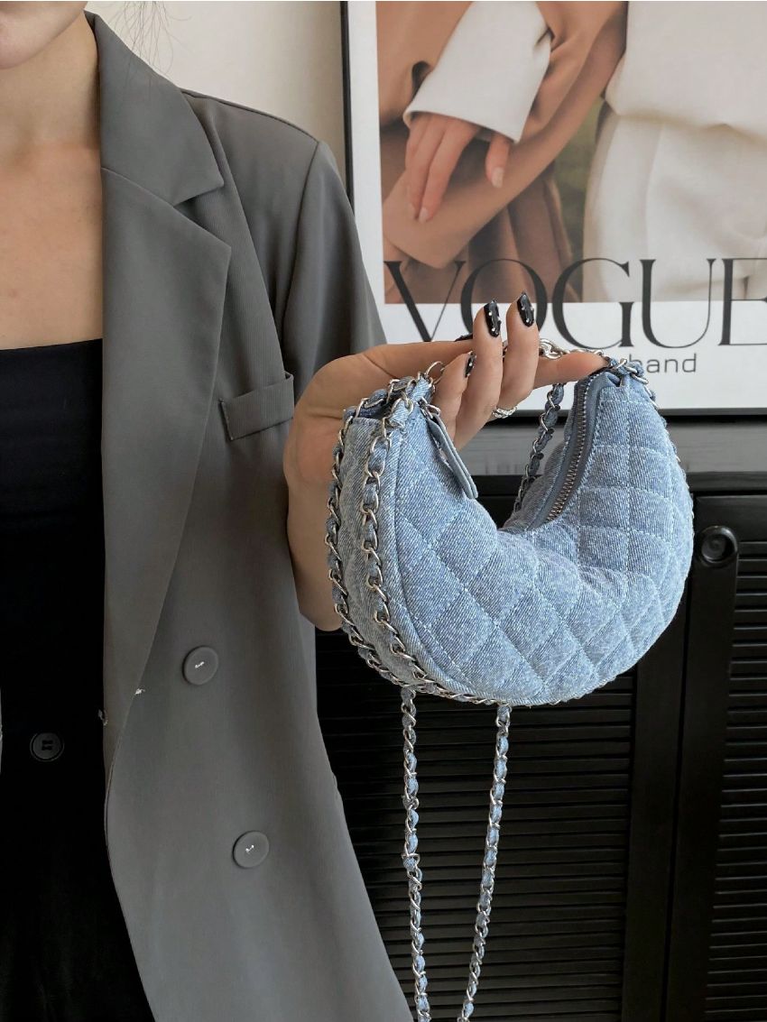 Mini Quilted Hobo Bag Denim Metal Decor Chain Strap Fashionable