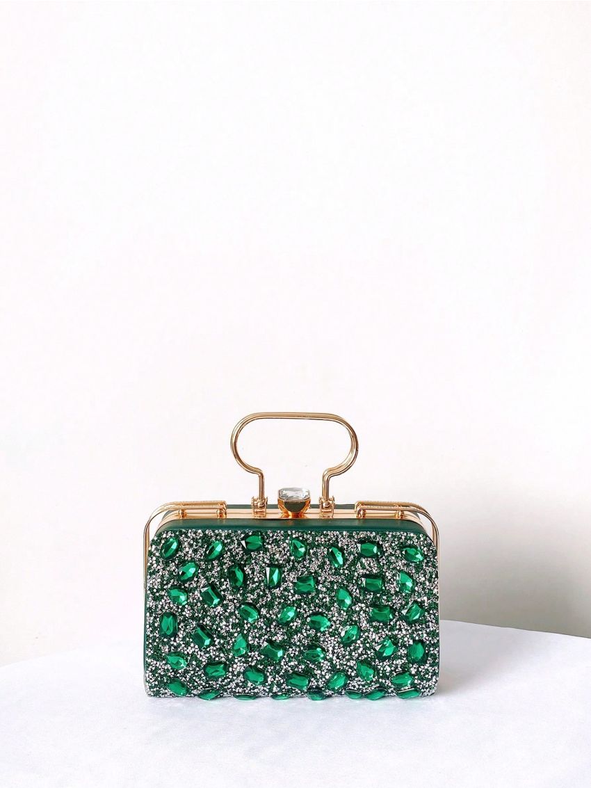 Rhinestone Decor Chain Box Bag Glamorous Top Handle For Party