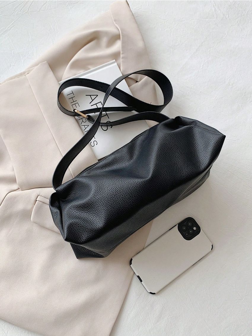 Litchi Embossed Hobo Bag PU Black Elegant