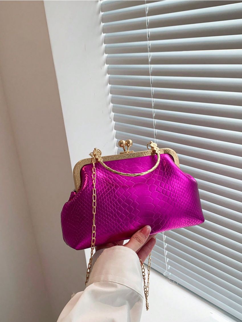 Metallic Snakeskin Embossed Kiss Lock Chain Satchel Bag Top Handle