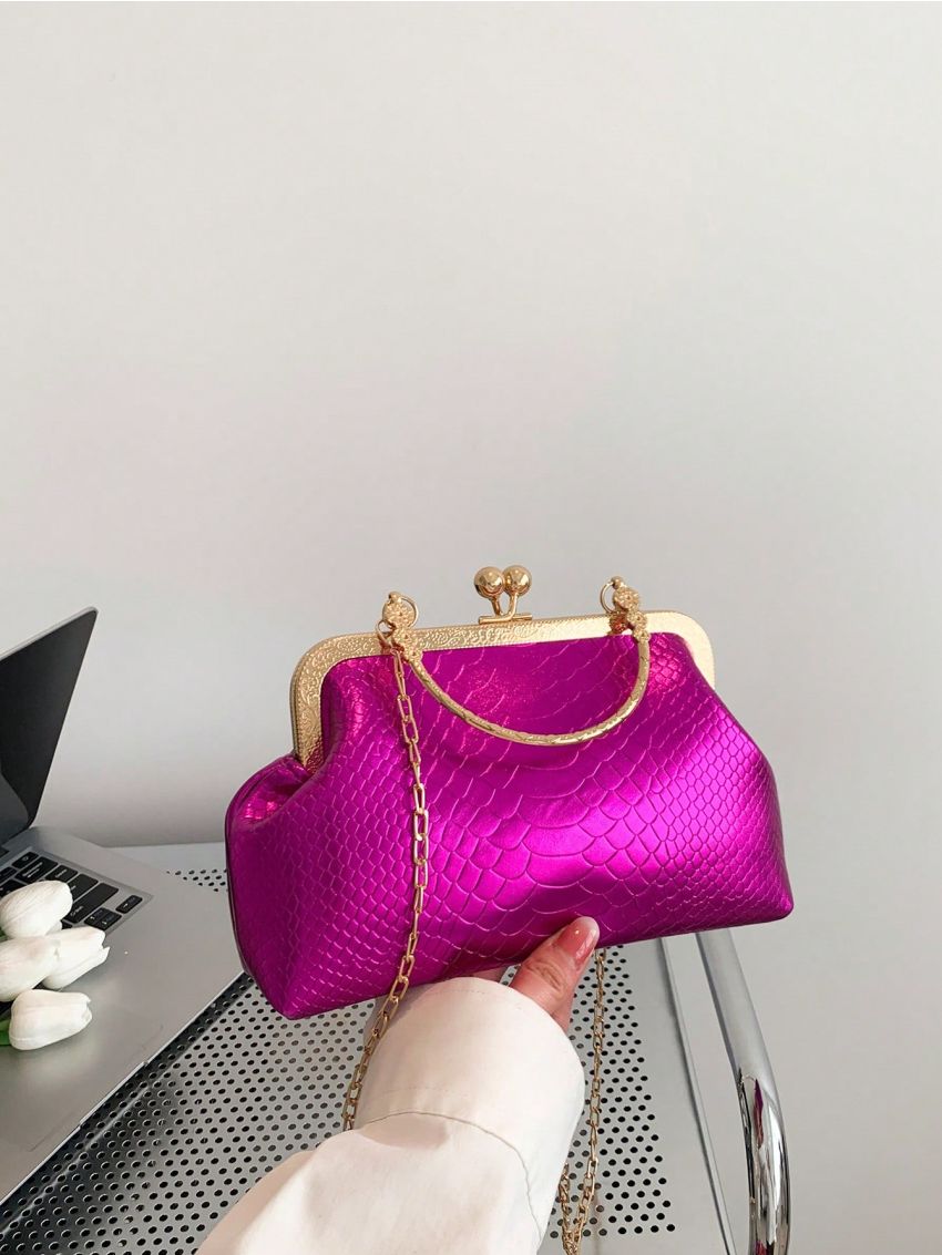 Metallic Snakeskin Embossed Kiss Lock Chain Satchel Bag Top Handle