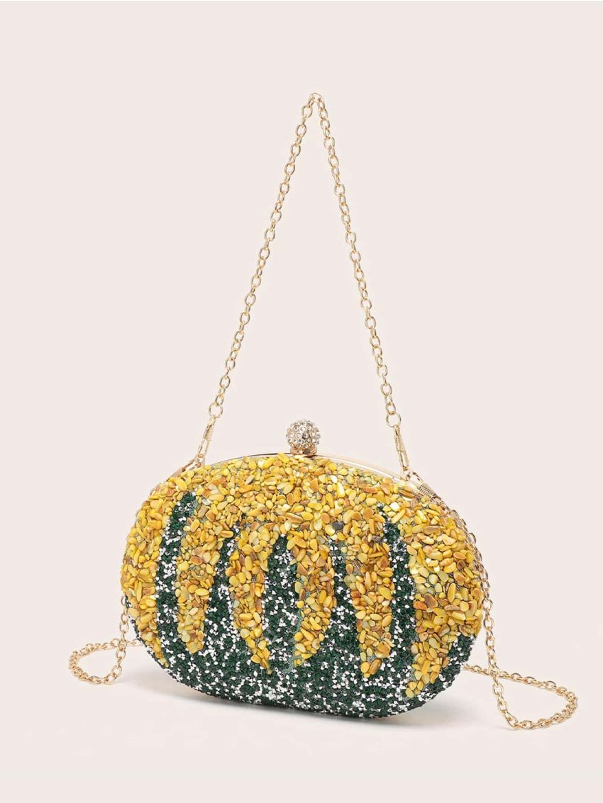 Mini Box Bag Glamorous Rhinestone Decor Pumpkin Design Chain