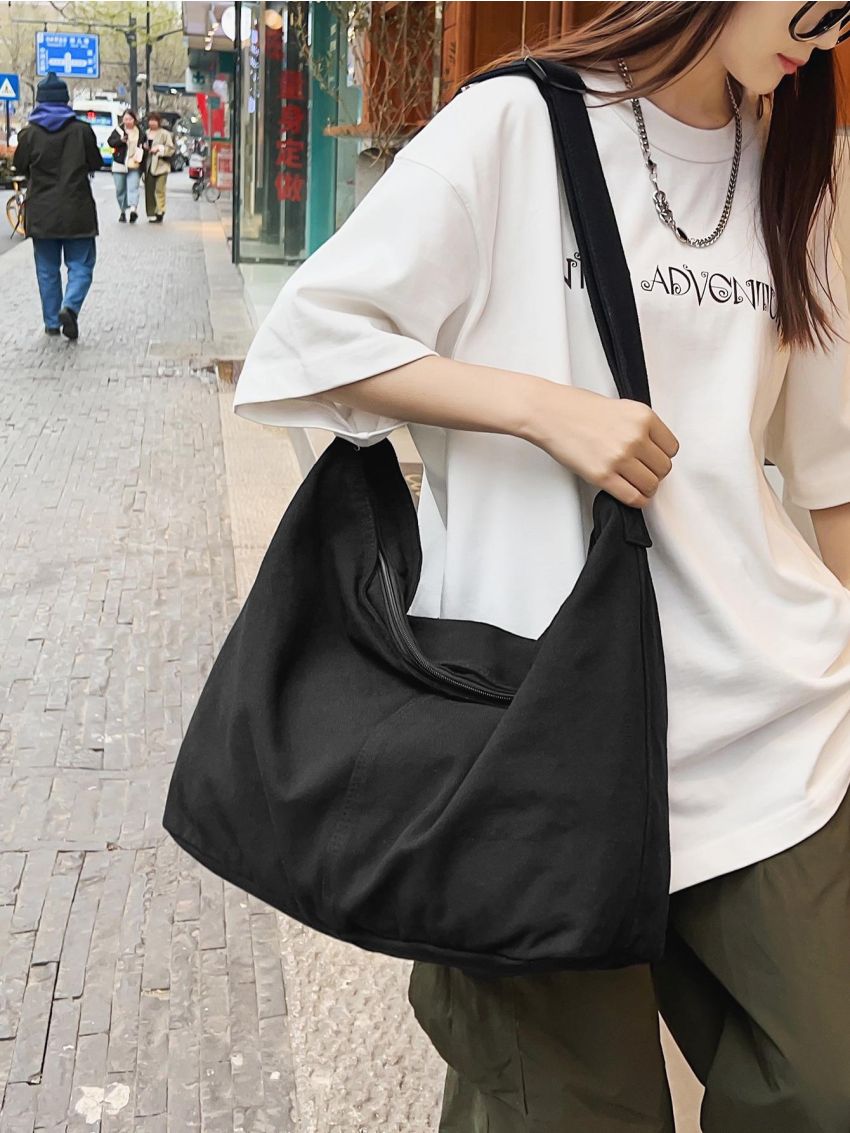 Black Hobo Bag Oversized Casual Zipper