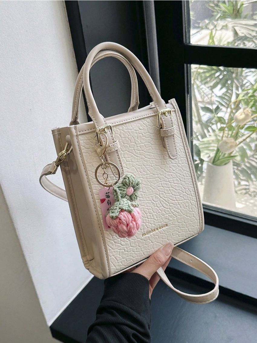 Mini Square Bag Fashionable Litchi Embossed Letter Graphic Double Handle Pu