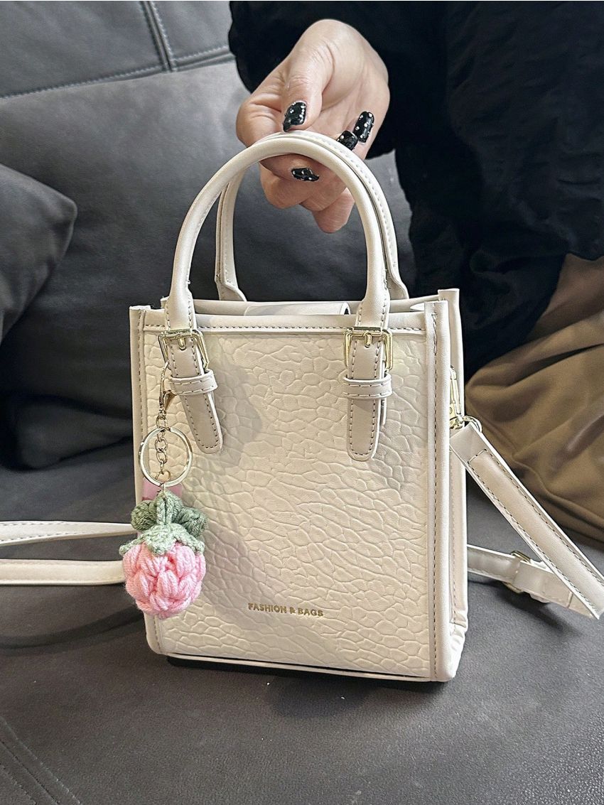 Mini Square Bag Fashionable Litchi Embossed Letter Graphic Double Handle Pu