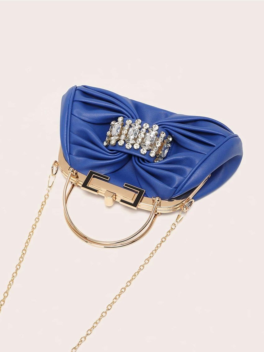 Rhinestone Decor Ruched Bag Fashionable Blue Double Handle Pu
