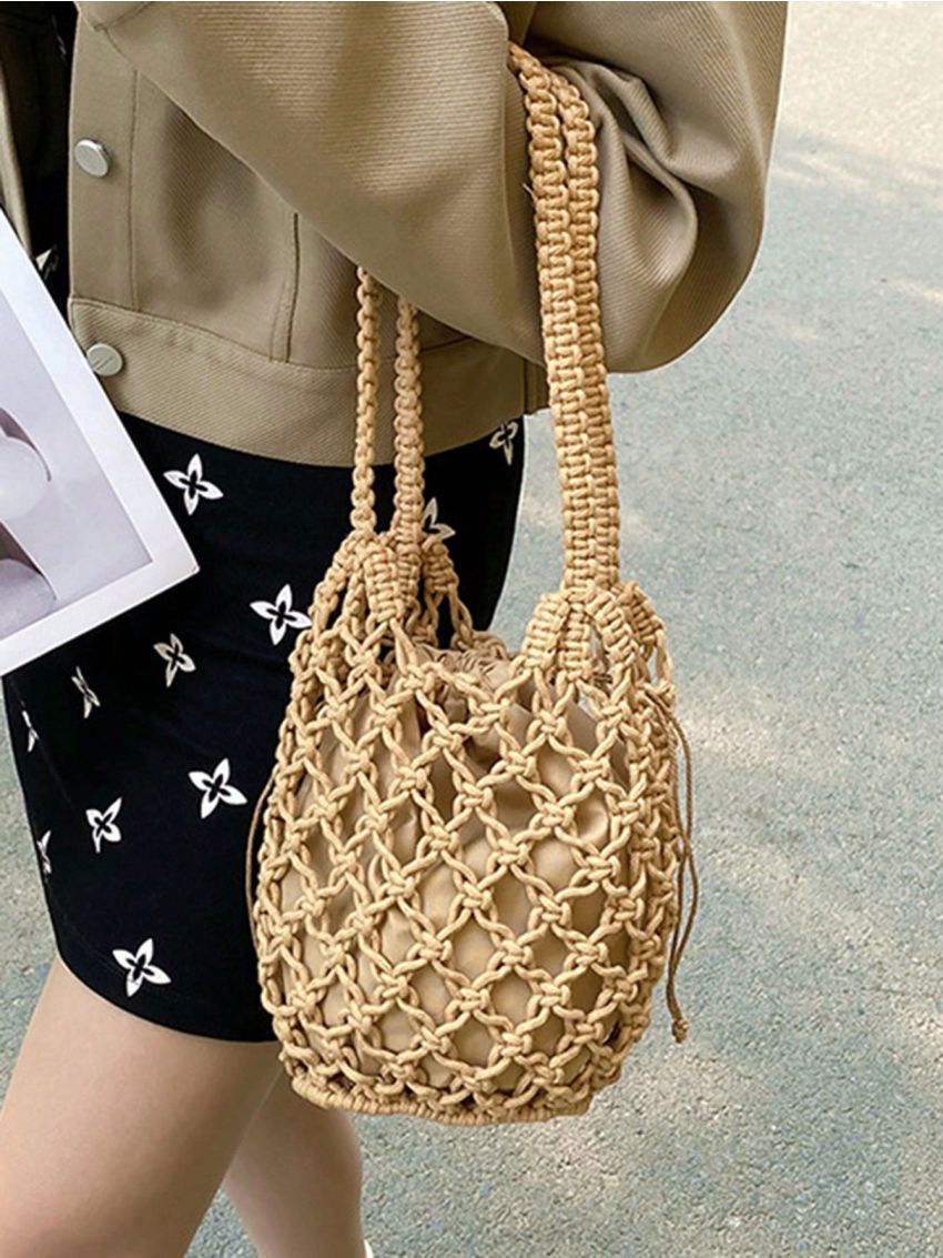 Summer Beach Bag Women Mesh Rope Knitted Bucket Shoulder Bag Reticulate Hollow Travel Shopper Bag