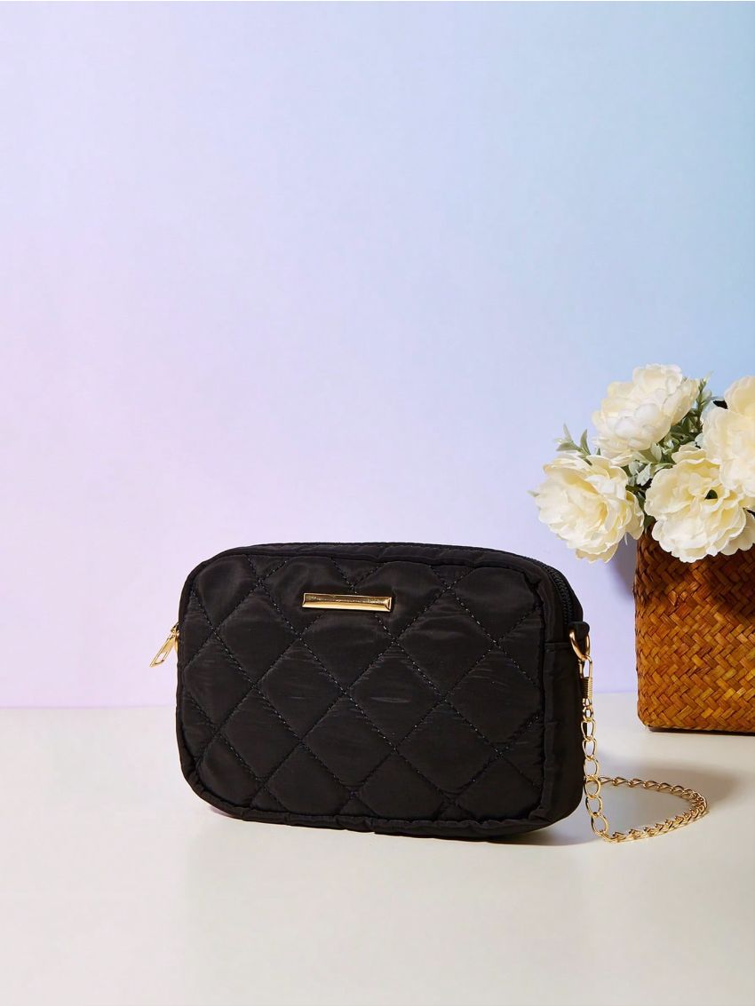 Elegant Square Bag Black Quilted Mini Chain Polyester