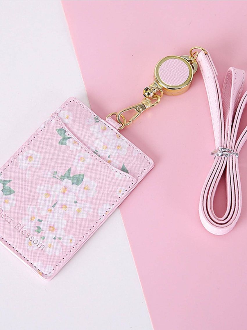 Pu Card Holder With Lanyard Floral Print Letter Detail Zipper