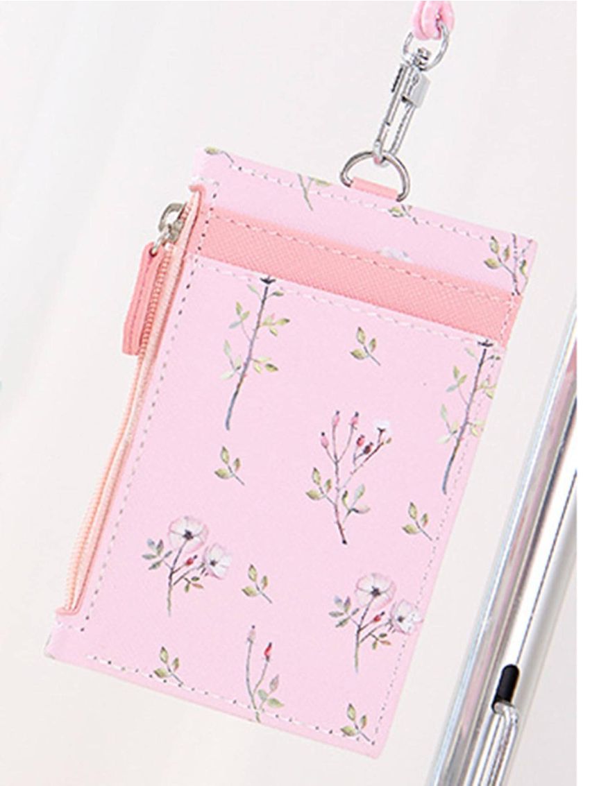 Pu Card Holder With Lanyard Floral Print Letter Detail Zipper