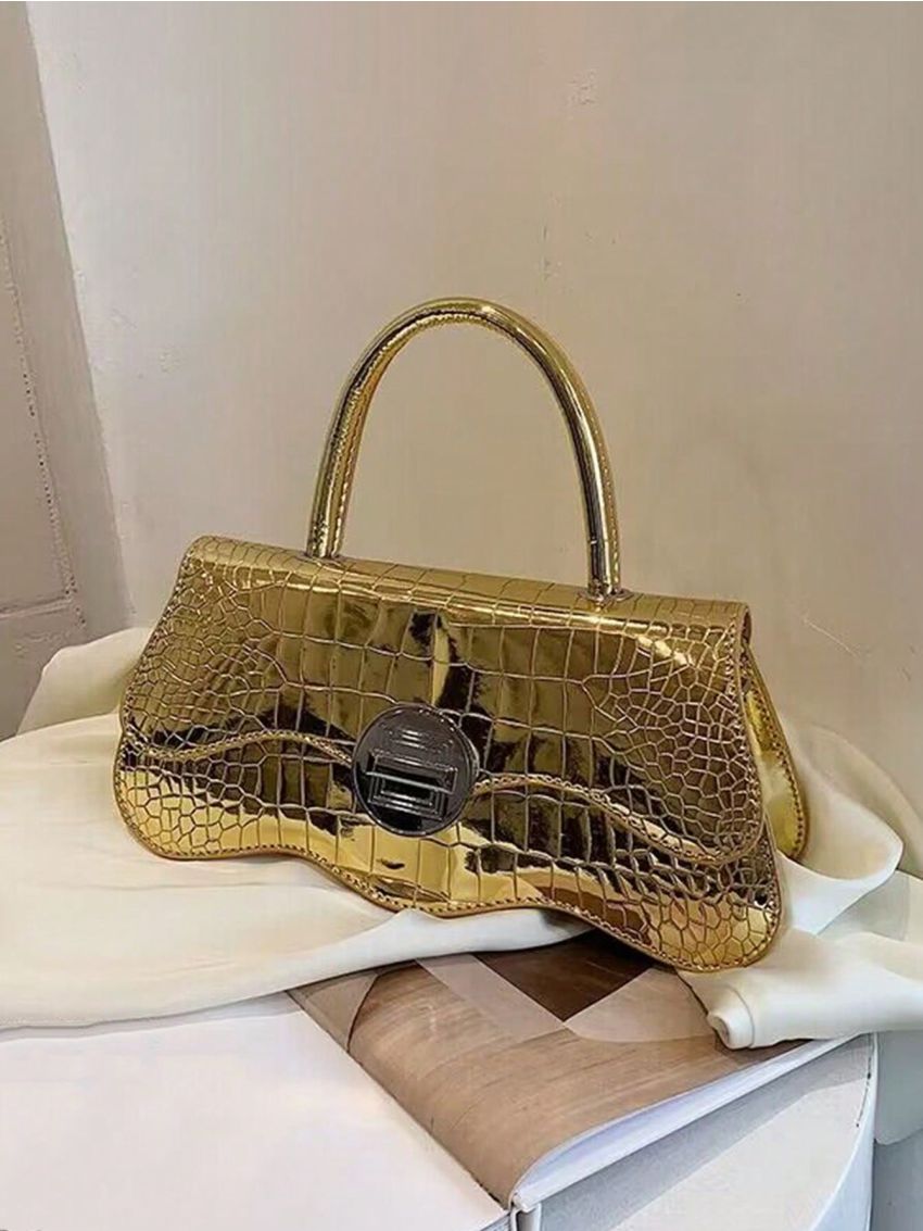 Funky Novelty Bag Metallic Gold Crocodile Embossed Metal Decor Pu