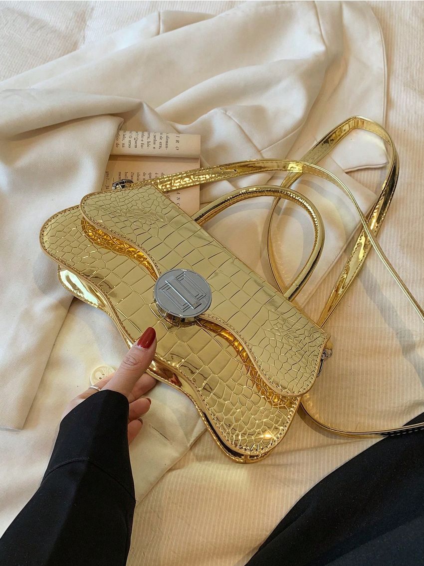 Funky Novelty Bag Metallic Gold Crocodile Embossed Metal Decor Pu