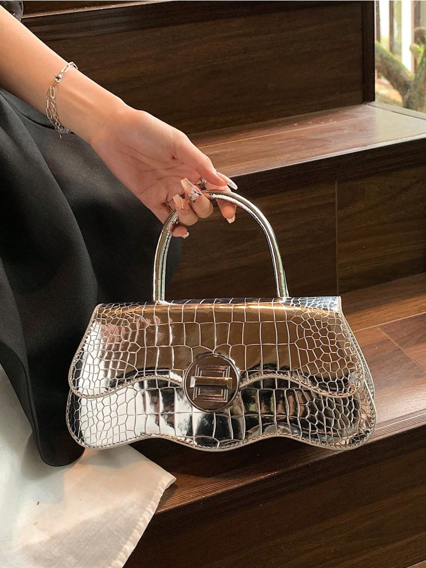 Funky Novelty Bag Metallic Gold Crocodile Embossed Metal Decor Pu
