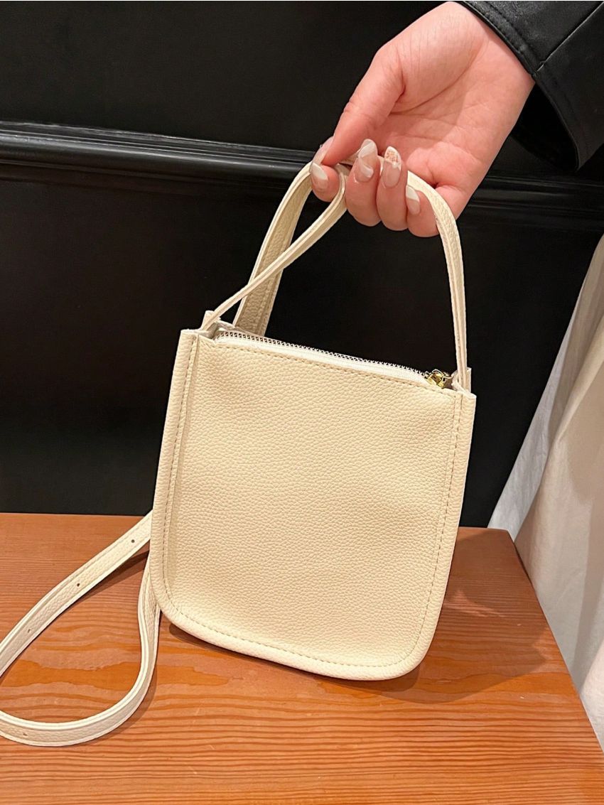 Elegant Square Bag Beige Adjustable-Strap Pu Mini