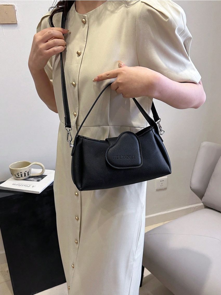 Fashionable Satchel Bag Litchi Embossed Heart Decor Adjustable Strap Pu