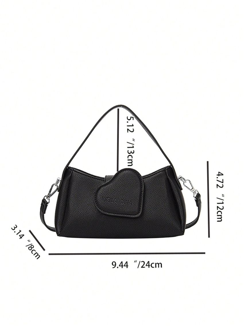 Fashionable Satchel Bag Litchi Embossed Heart Decor Adjustable Strap Pu