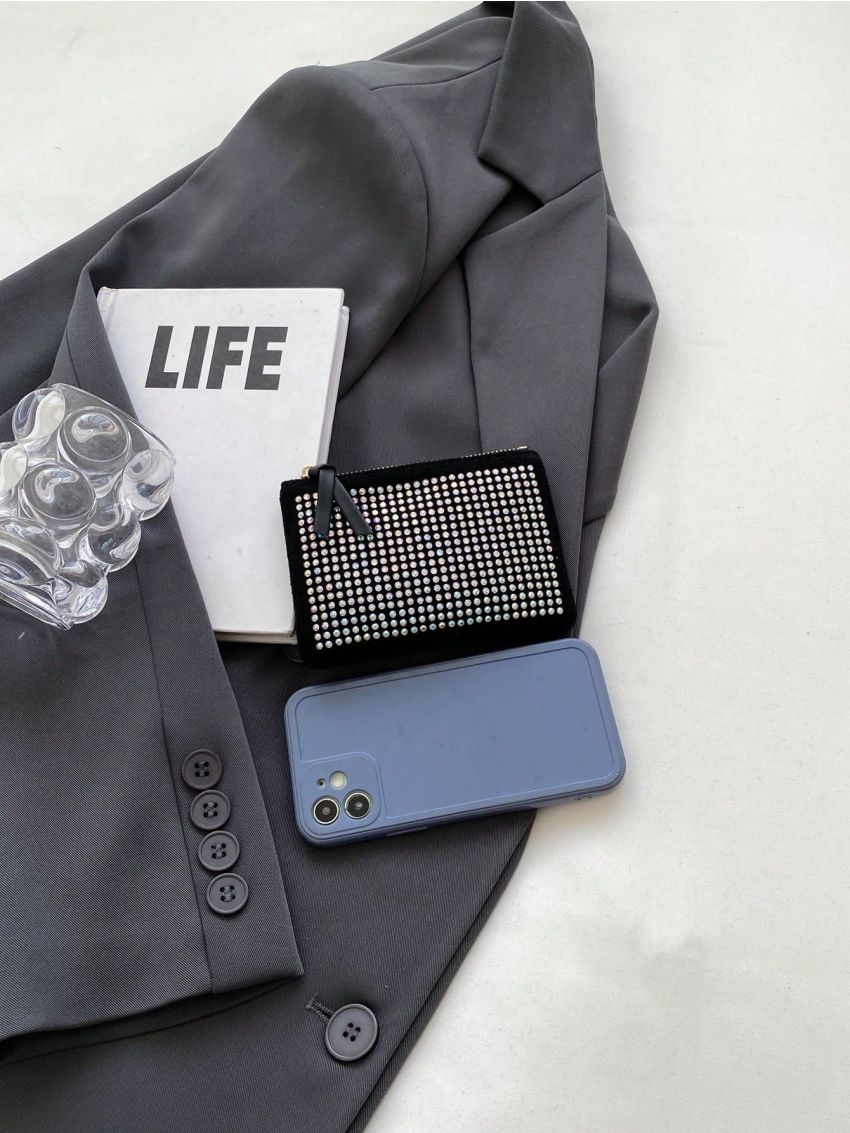 Black Stud Decor Coin Purse With Zipper