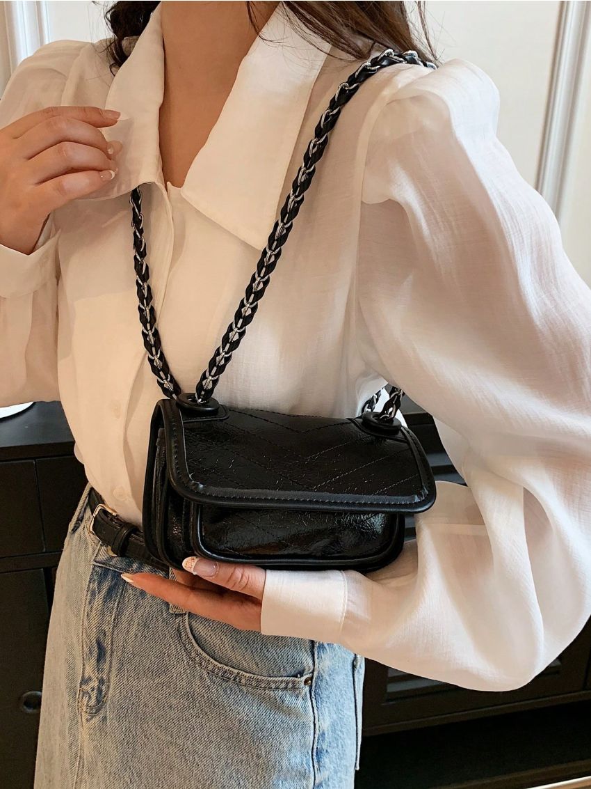 Mini Square Bag Chevron Detail Flap Chain Pu Elegant