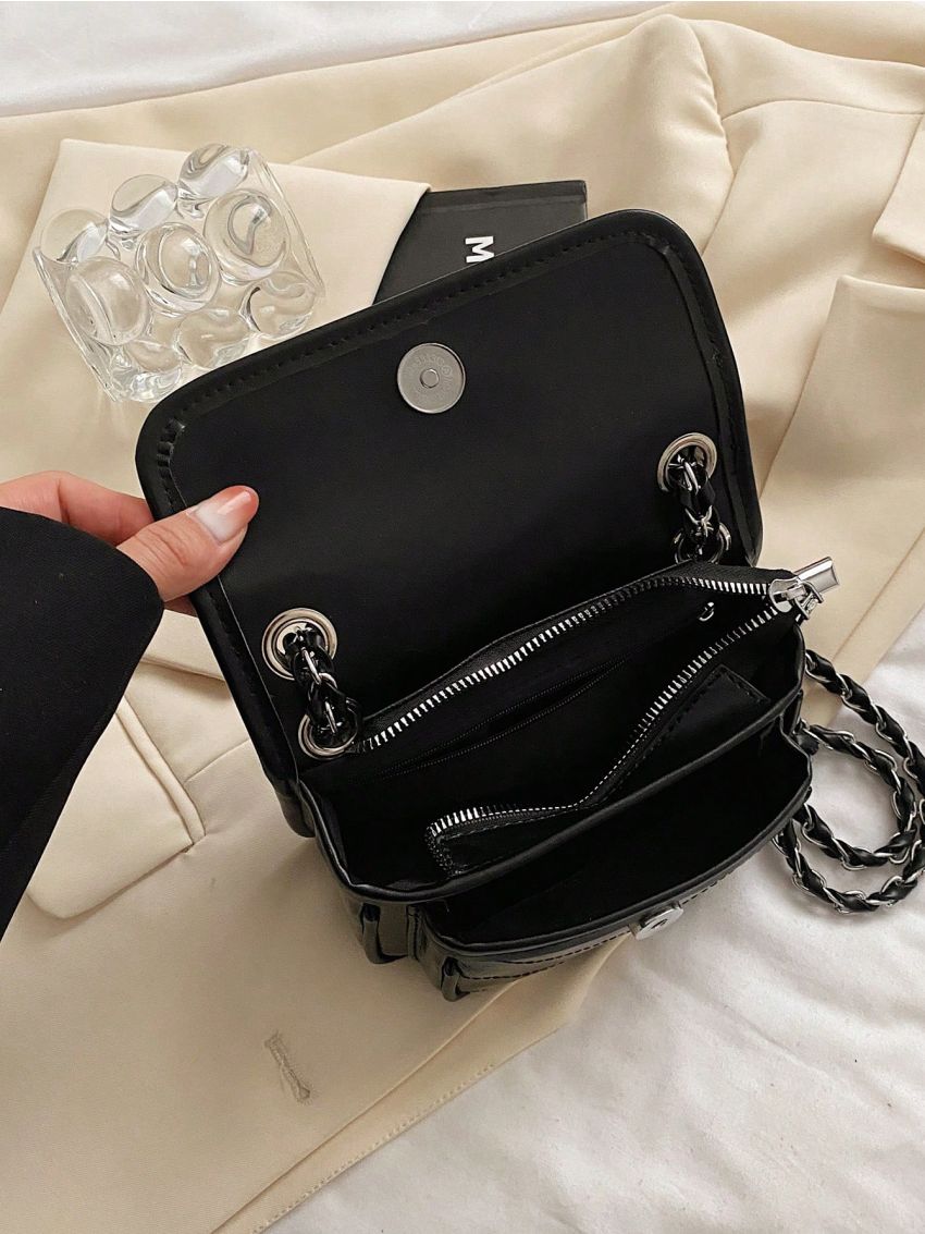 Mini Square Bag Chevron Detail Flap Chain Pu Elegant