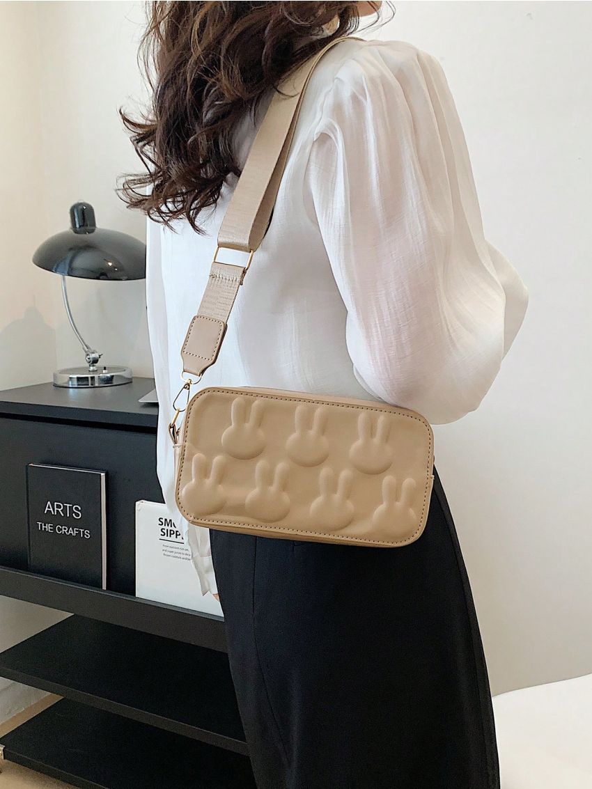 Rabbit Head Textured Square Bag Zipper Pu Fashionable