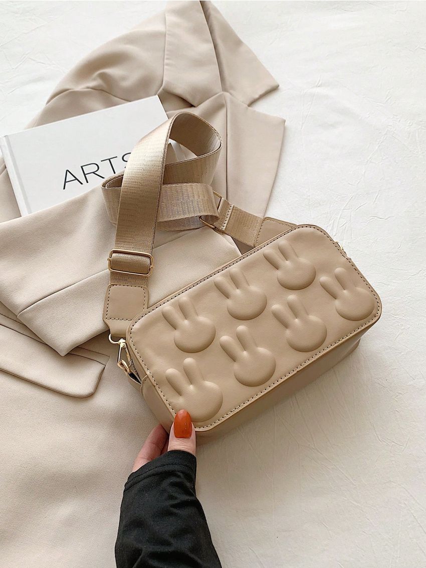 Rabbit Head Textured Square Bag Zipper Pu Fashionable