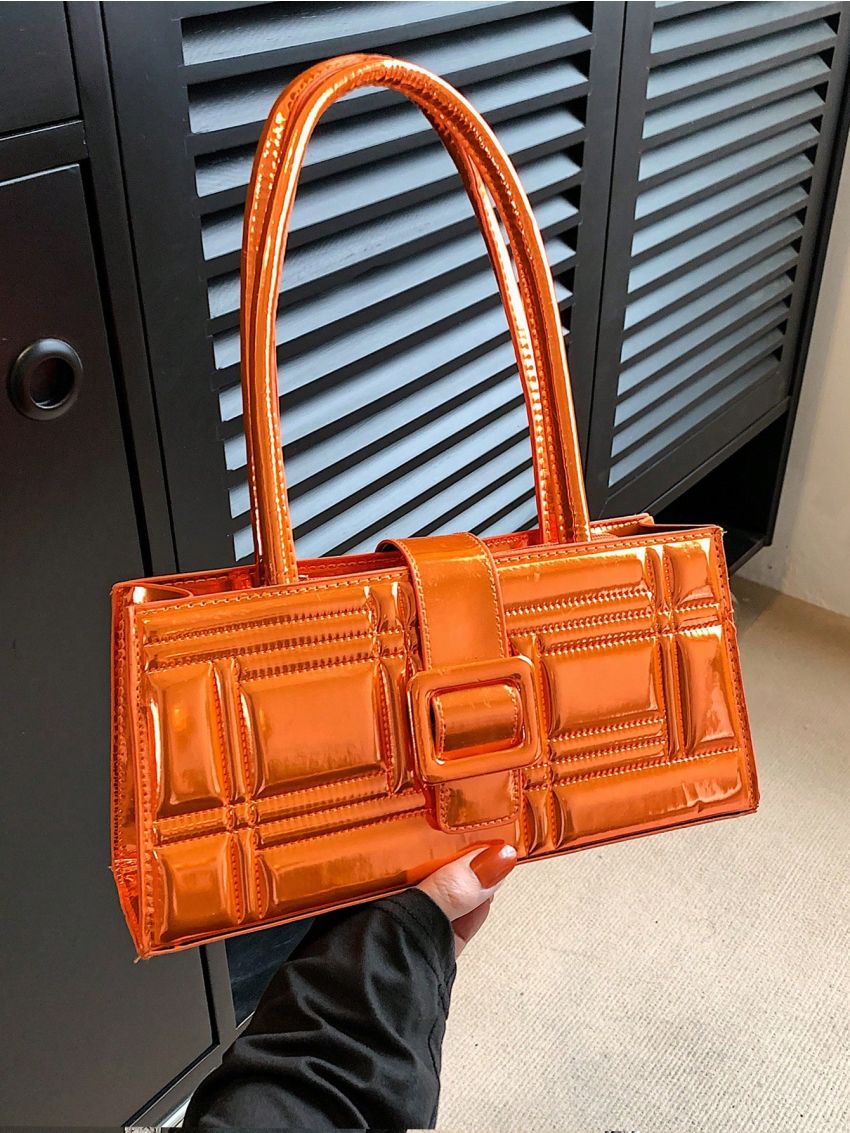 Quilted Detail Baguette Bag Buckle Decor Metallic Pu Funky