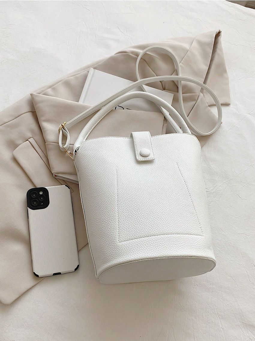 Stitch Detail Bucket Bag White Zipper Elegant