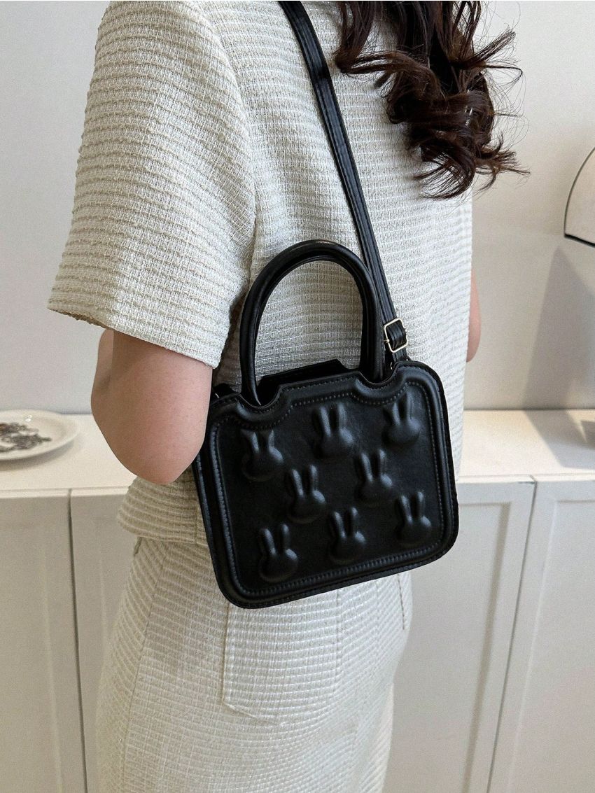 Fashionable Square Bag Rabbit Detail Adjustable Strap Mini Pu